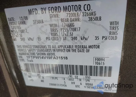 2009 Ford F-150 Fx4/King Ranch/Lariat/Platinum/Xl/Xlt из США, поврежденный, VIN 1FTPW14V19FA31518